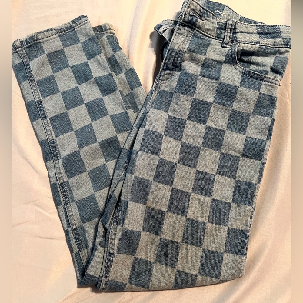 Strait leg checkered-blue jeans